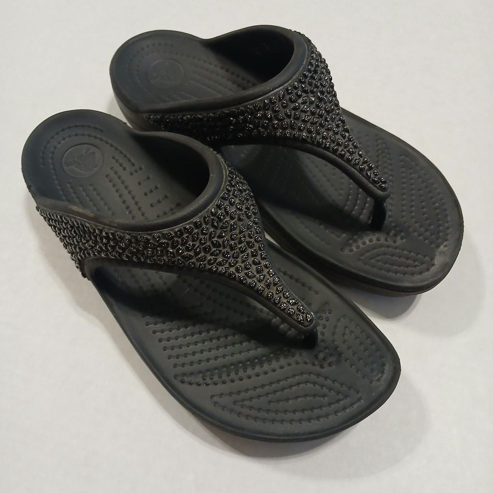 Crocs Sloane Black Glitter Flip Flop Sandals Womens 8 Platform Beach Shoes